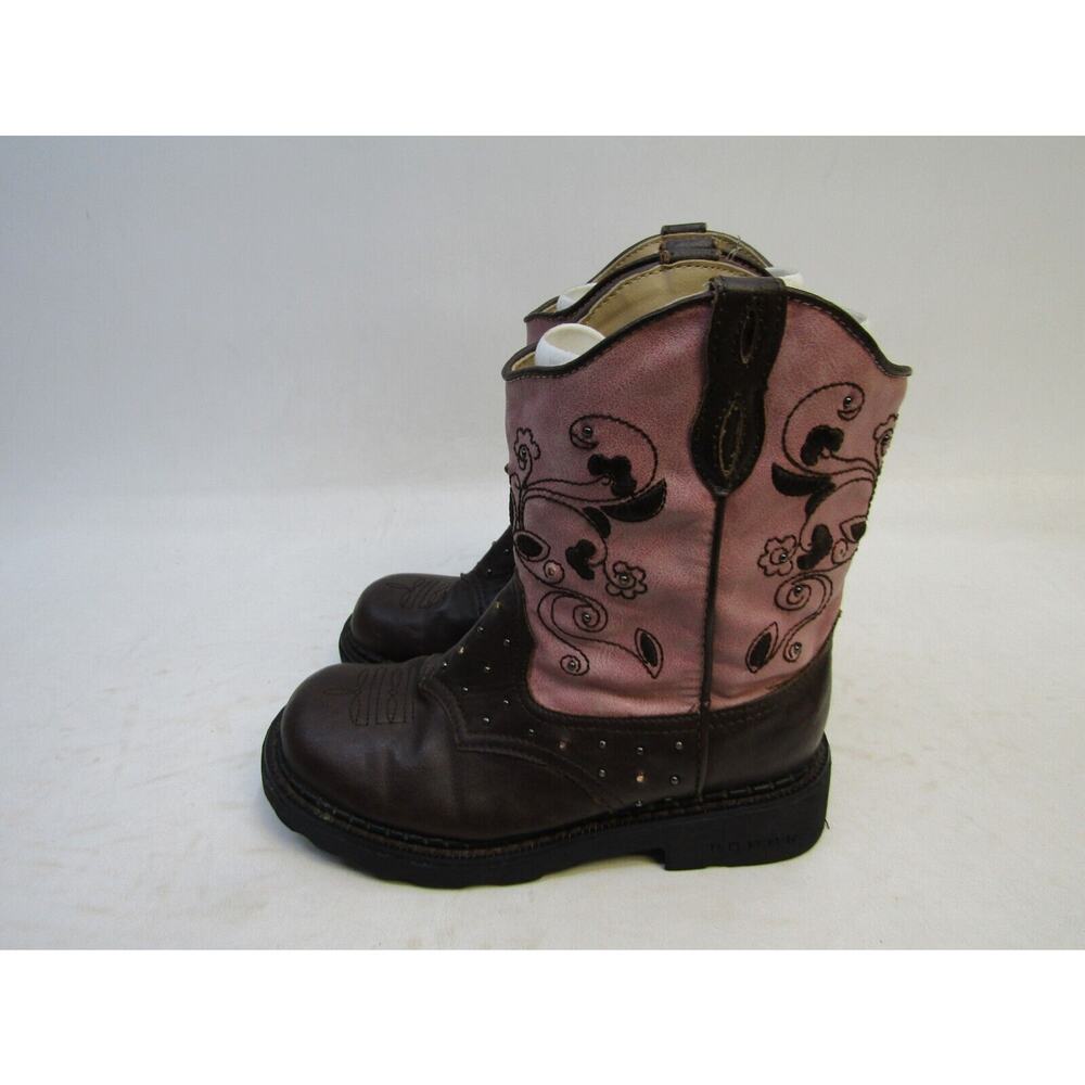 Roper Brand Youth Size 1 M Brown Pink Studded Light Up Cowboy Western Boots